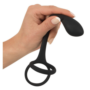 Anello fallico doppio sex toys con fallo anale in silicone nero black cock ball ring plug