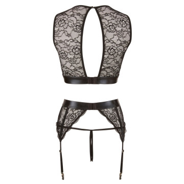 set intimo in pizzo donna fetish con manette reggicalze perizoma aperto  e top nero