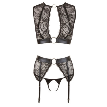 set intimo in pizzo donna fetish con manette reggicalze perizoma aperto  e top nero